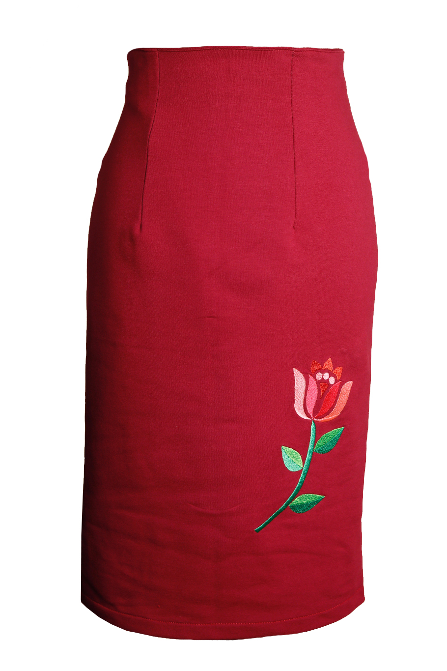 salaris zaterdag oplichter Comortabele bordeaux rode tricot high waist rok met geborduurde knal roze  bloem